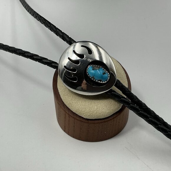 Bolo Tie Bear Claw Turquoise Sterling Silver 19”